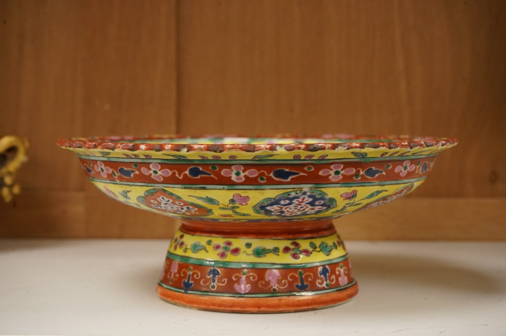 A late 19th century Chinese bencharong stem dish, made for Thai market, 23cm diameter